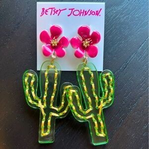 NWT Betsey Johnson Acetate Cactus with Flower Drop Earrings - Green & Pink